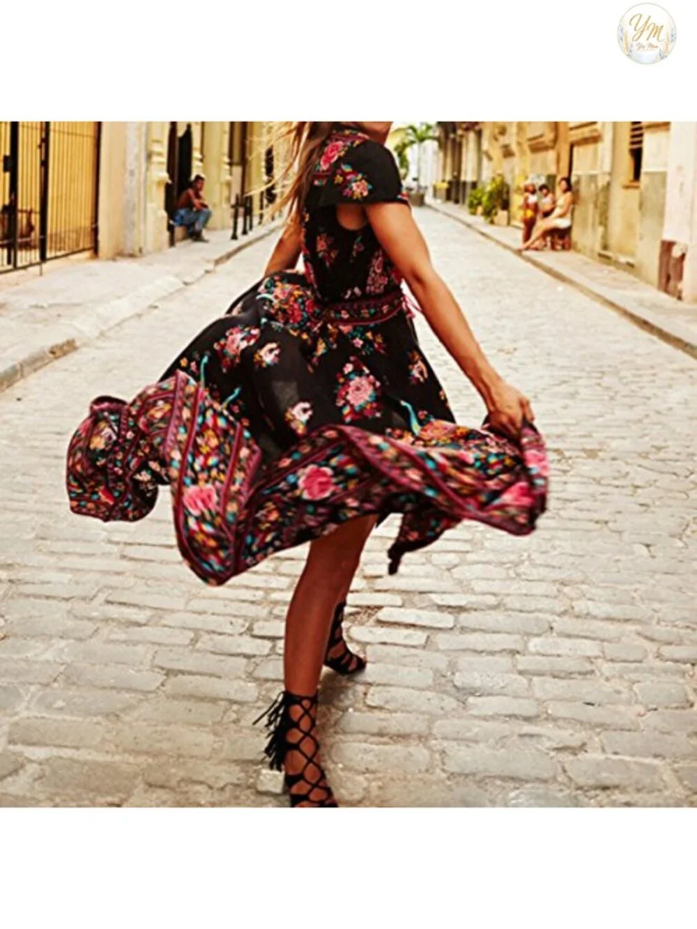 Women's Vintage Floral Print High Low Midi Dress With Deep V Neck Short Sleeve